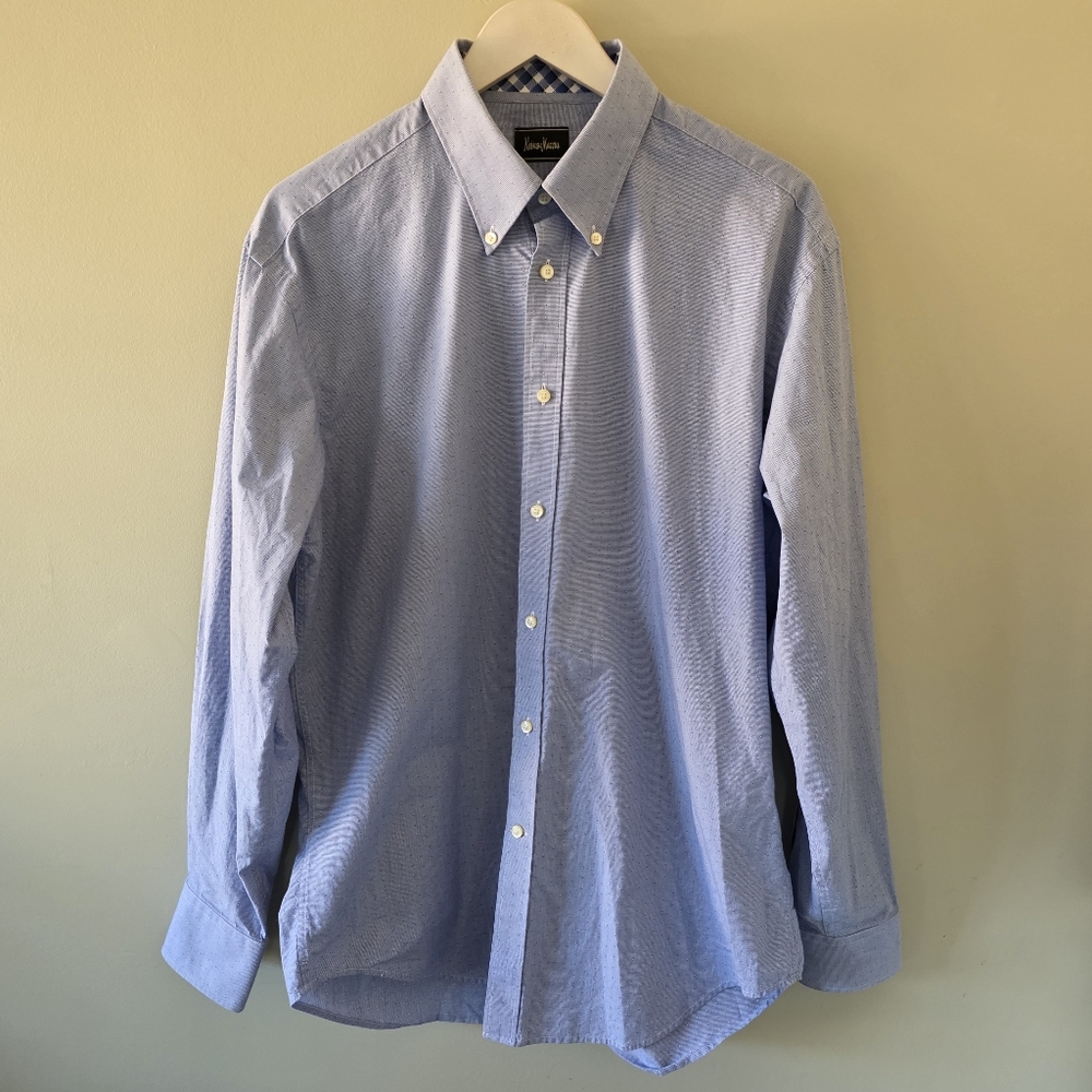 NWOT Neiman Marcus L Quiet Luxury Modern Academia Blue Houndstooth Dress Shirt